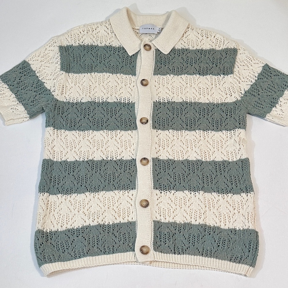 TOPMAN KNIT STRIPED CROCHET BUTTON UP SHIRT - SAGE